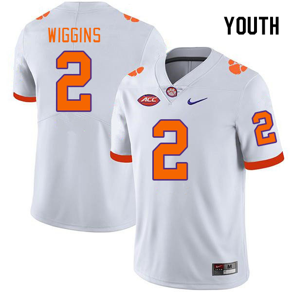 Youth Clemson Tigers Nate Wiggins #2 College White NCAA Authentic Football Stitched Jersey 23SH30AB